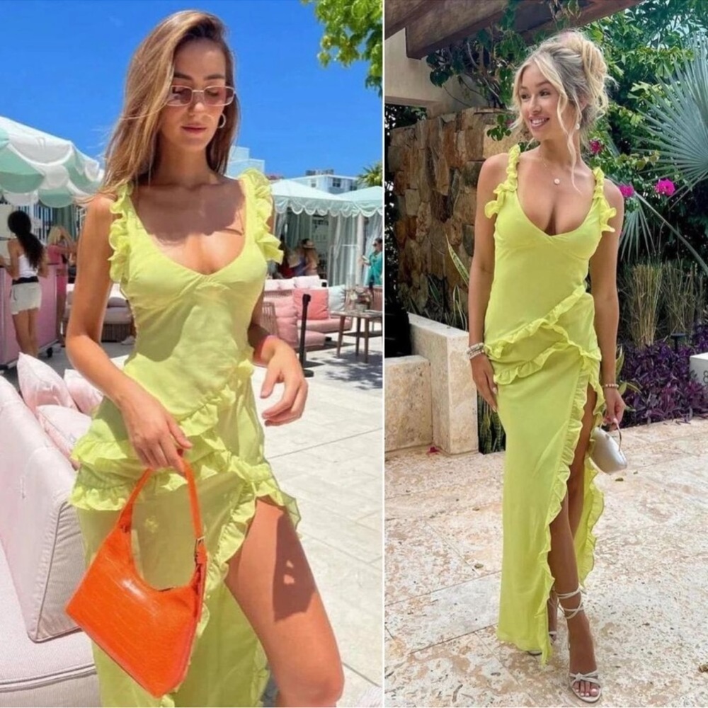 NWOT House of CB Pixie Lime Green Ruffle Maxi Dress sz S